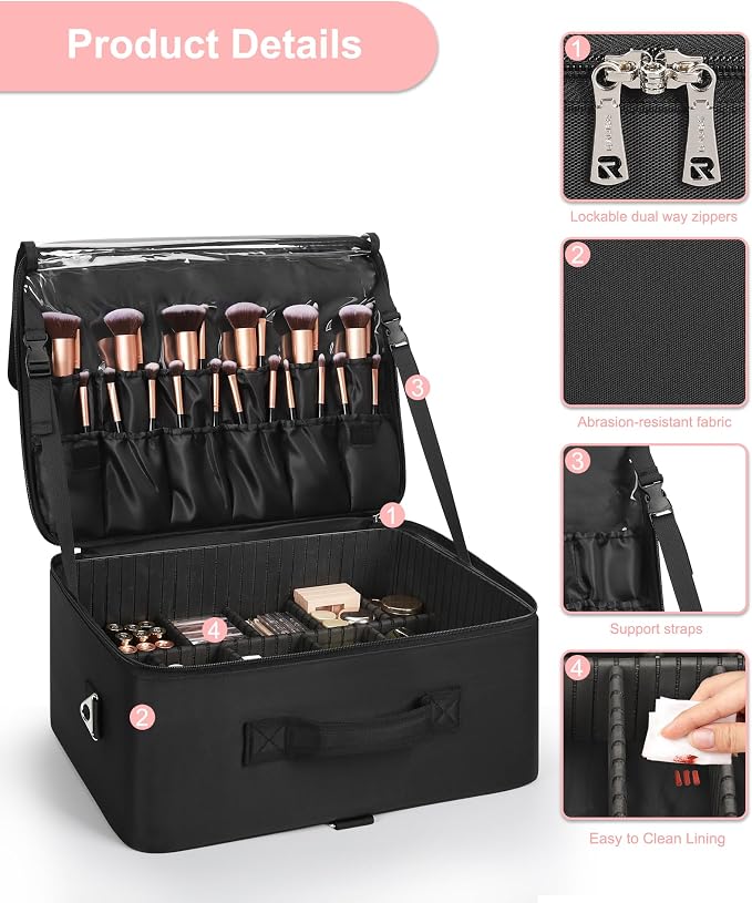 Relavel Extra Large Cosmetic Case, Travel Makeup Bag with 4 Clear Pouches & Lipstick Plate, Portable Cosmetic Case Storage Organizer Box for Makeup Artists with Shoulder Strap & Adjustable Dividers - Image 6