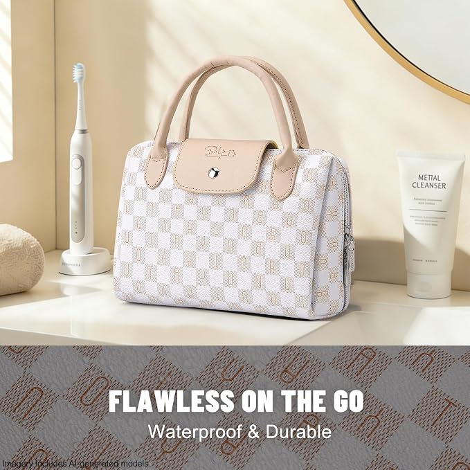 BOYATU Checkered Makeup Bag Organizer with Handle: Large Travel Cosmetic Bag Hold 10+ 100ml Full-Size Bottles for Date & Trip - Waterproof Leather Toiletry Pouch 3-sec Touch-up for Chic Woman(Apricot) - Image 3