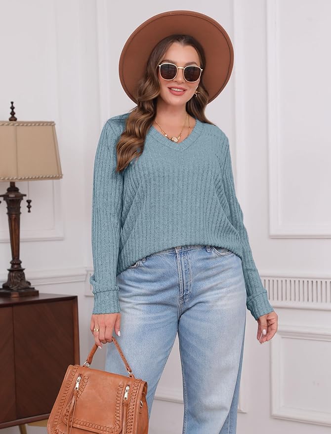 Sampeel V Neck Long Sleeve Shirts for Women Casual Fall Tops Lightweight Tunic Sweaters Fashion Clothes Loose Fit 2025