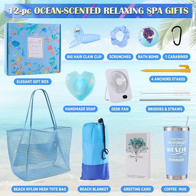 Beferr Mothers Day Beach Gifts Basket for Women, 79" X 83" Beach Blanket Waterproof Sandproof, Beach Mesh Tote Bags, Birthday Baskets for Her Wife Mom Sister Grandma Friend - Image 3