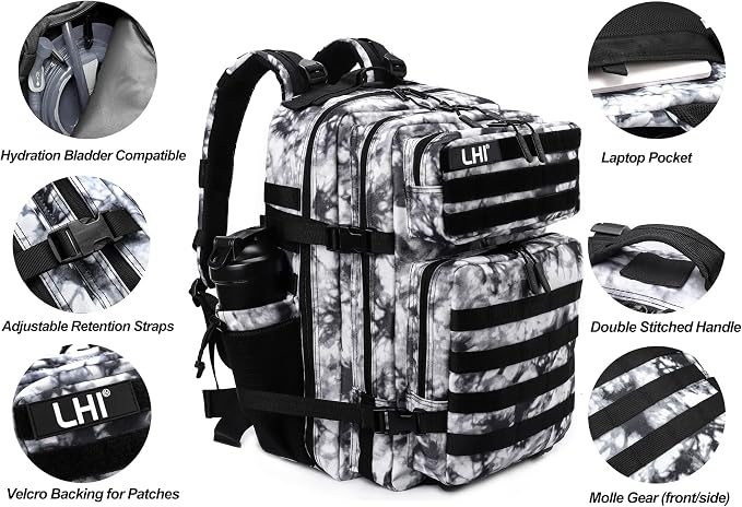 LHI Military Tactical Backpack for Men Molle Daypack 45L Army 3 Days Assault Pack Bag Large Rucksack With Bottle Holder Black and White(12*20*12) - Image 5