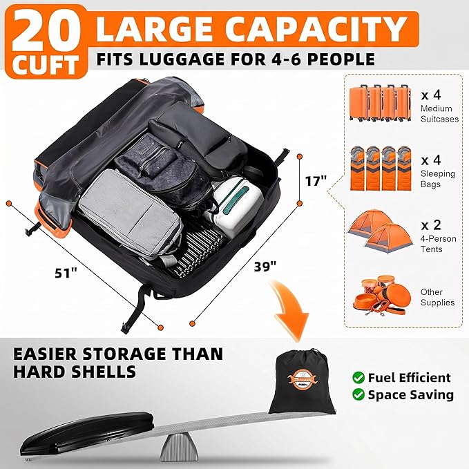 Sailnovo Aerodynamic Rooftop Cargo Carrier Bag, 20 Cubic Feet Waterproof Car Top Carrier for All Vehicles with/Without Racks, Holds Luggage for 4-6, Includes Anti-Slip Mat, Storage Bag, Luggage Lock - Image 2
