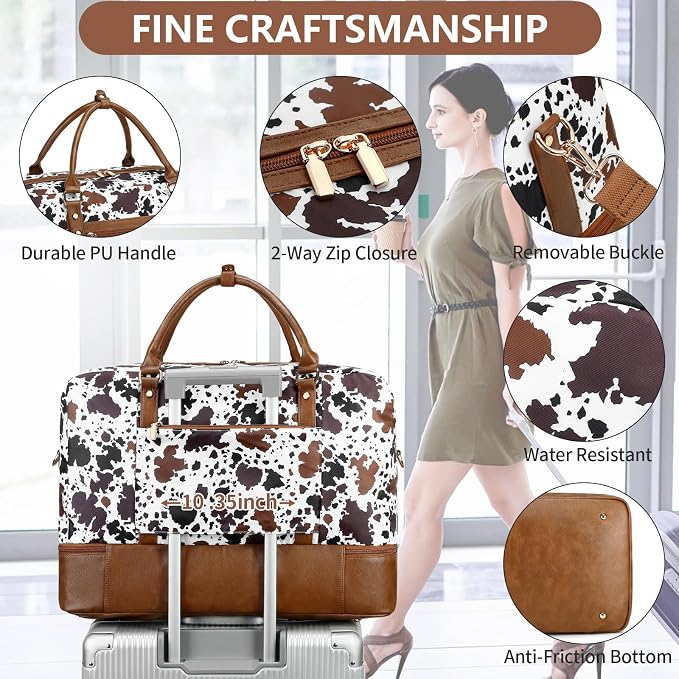 Wogarl 3PCS Weekender Bags for Women Large Overnight Bag Weekend Travel Duffel Bag Carry on Shoulder with Shoe Compartment Toiletry Bag Satchel Bag for Travel Business Gym,Brown Cow - Image 5