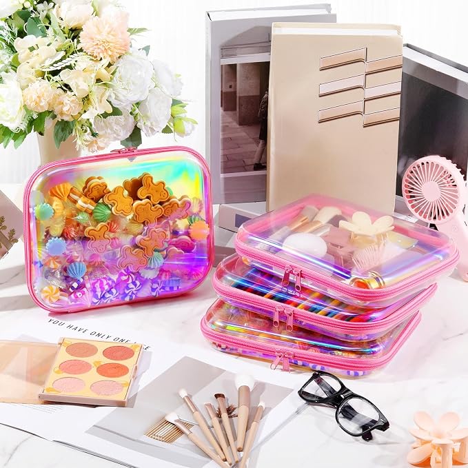 Hoolerry 4 Pcs Hard Clear Zipper Case Makeup Bags Plastic Zipper Pouch Transparent Storage Box Containers for Cosmetics, Snacks, Building Blocks, Puzzles(Clear,9.8 x 7.9 x 2 in,Pink Laser) - Image 6