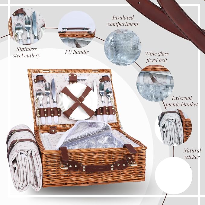 Picnic Baskets Wicker Willow Picnic Set for 4 Persons with Insulated Cooler Bag and White Floral Waterproof Picnic Blanket Gift for Christmas Thanksgiving Wedding Birthday Camp Outdoor Beach Travel - Image 4
