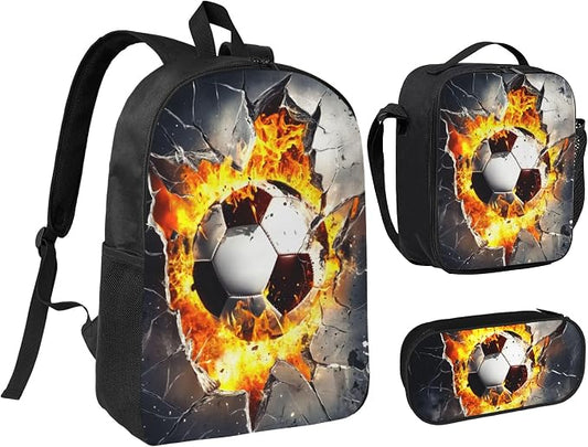 Soccer Kid Backpack Set with Lunch Bag & Pencil Case Large Capacity School Bag 17 Inch Bookbag for Boy Girl by thmnj