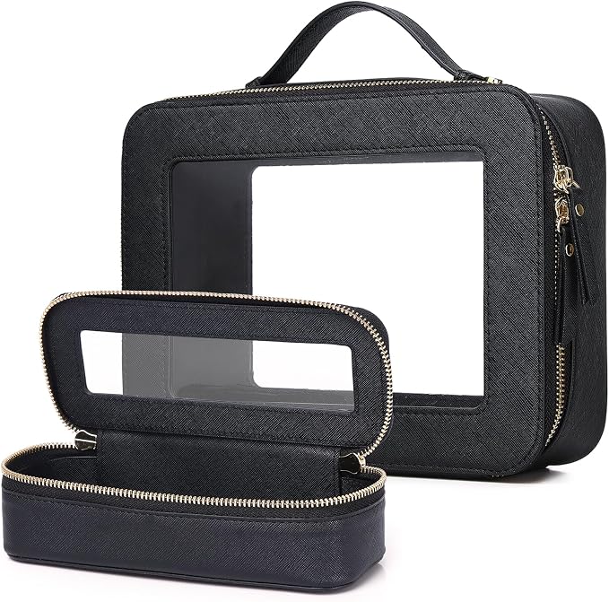 Travel Makeup Bag, Black, L+Slim | With Brush Case, Transparent, Waterproof, Zipper Closure by LOFOWN