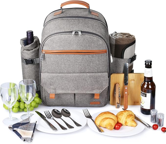 Sunflora Insulated Picnic Backpack for 2 Person Bag with Cooler Compartment, Blanket and Stainless Steel Cutlery Set for Couple, Lovers and Friends (Brush Beige) - Image 7