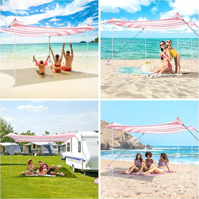 Beach Tent Canopy, UPF 50+ UV Protection Beach Sun Shade, Portable 10×10 FT Large Pop-Up Tent Sun Shelter with Sand Anchors, Ground Pegs, Easy Setup for Camping, Park, and Backyard Fun-Pink Stripe - Image 5