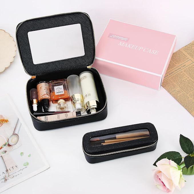 Clear Travel Makeup Bag with Brush Case Portable Transparent Cosmetic Bag and Toiletry Bag Waterproof Makeup Organizer with Zipper Car Essential for Women (Black, M+Slim) - Image 7