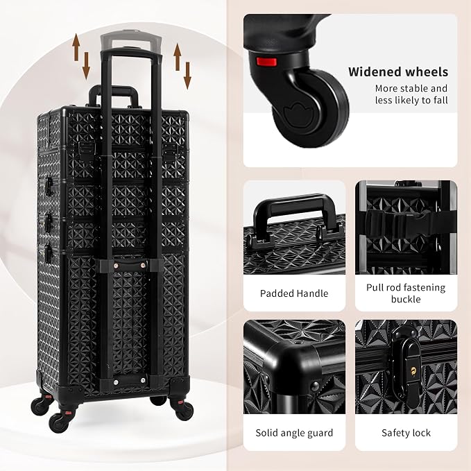 AROUS 5 in 1 Rolling Makeup Train Case with Lid Cosmetology Case on Wheels | Large Cosmetic Trolley Organizer with Keys Salon Barber Case Traveling Cart Trunk for Artist Hairstylists Nail Tech, Black - Image 6
