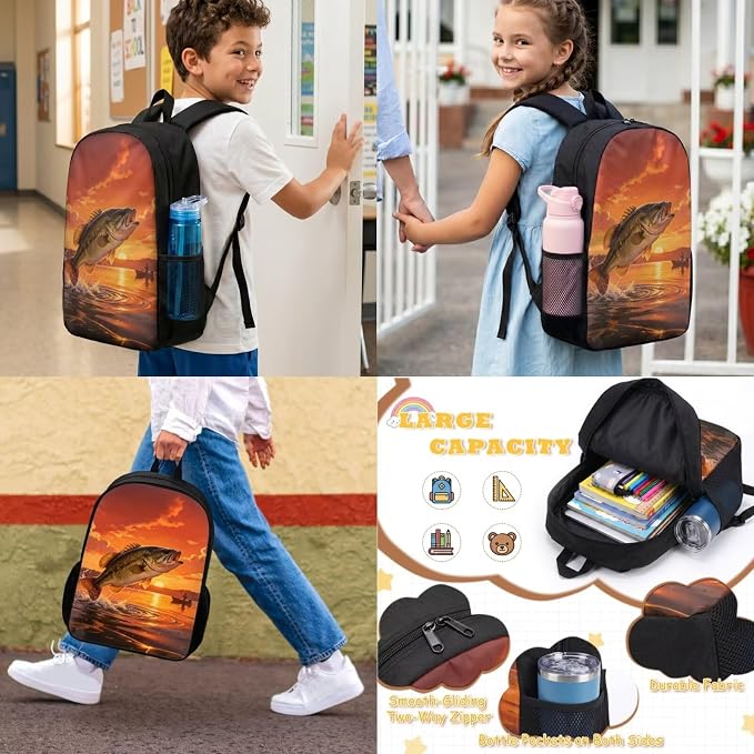 Bass Fishing Boys Backpacks Ages 8-10/6-8 with Lunch Box Kids Elementary School Bookbag and Lunch Bag Set 17in Hunting Fish Back Pack 4 in 1 Primary Book Bag - Image 3