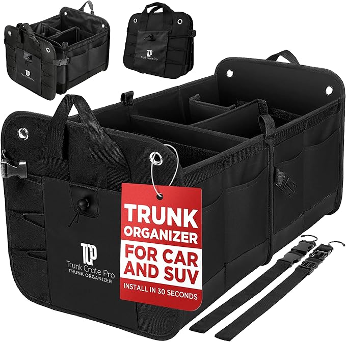Car Trunk Organizer for SUV & Truck Cargo Storage, Large, Black | Fits Cars, SUVs & Trucks 4 Adjustable Compartments Non-Slip Base & Straps Foldable 11 Pockets Car Accessories by TRUNKCRATEPRO