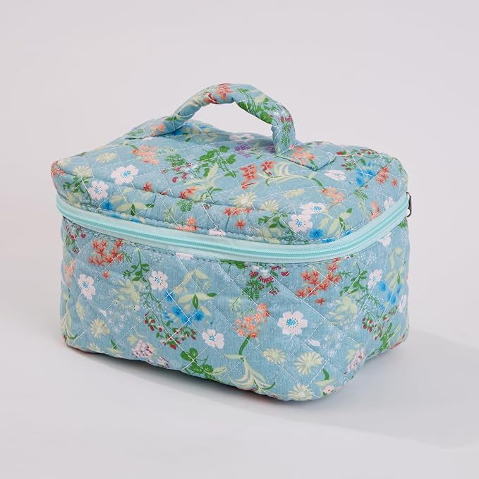 Wildflower Floral Quilted Cotton Cosmetic Zipper Pouch, Large Capacity Makeup Accessories Storage Bag for Women Girls, Aesthetic Coquette Travel Toiletry Organizer (Set of 3) - Image 2