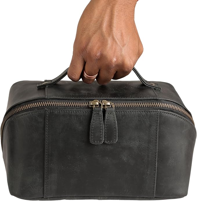 KomalC Luxury Leather Men’s Toiletry Travel Bag – Handmade Shaving Kit with Waterproof Interior, Spacious Storage & Carry Handle – leather travel Kit Bag for Men & Women (Black) - Image 5