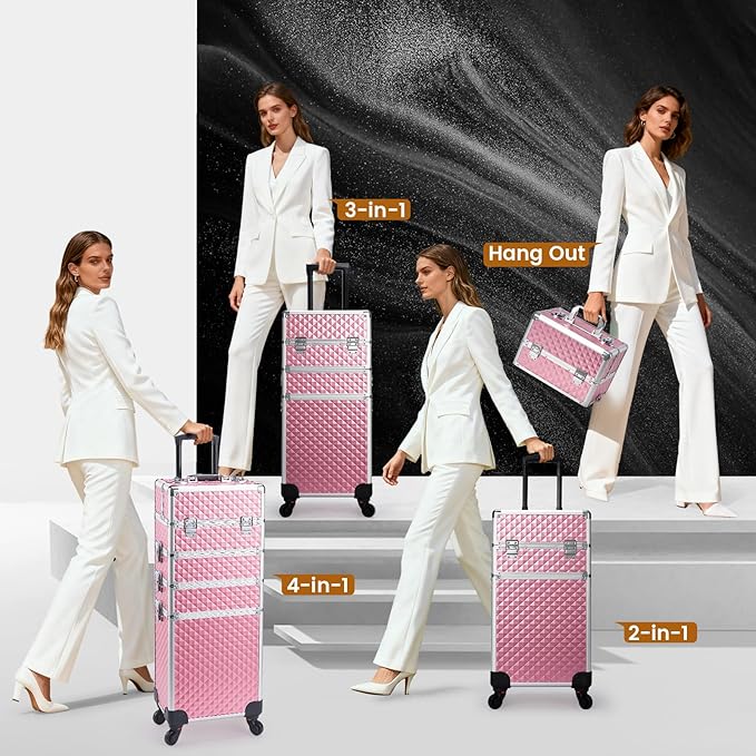 Stagiant Rolling Makeup Train Case Cosmetology Case on Wheels 4 in 1 Large Cosmetic Organizer Box Makeup Travel Case with Key Swivel Wheels Nail Artist Salon Storage Traveling Cart Big Trunk Pink - Image 4