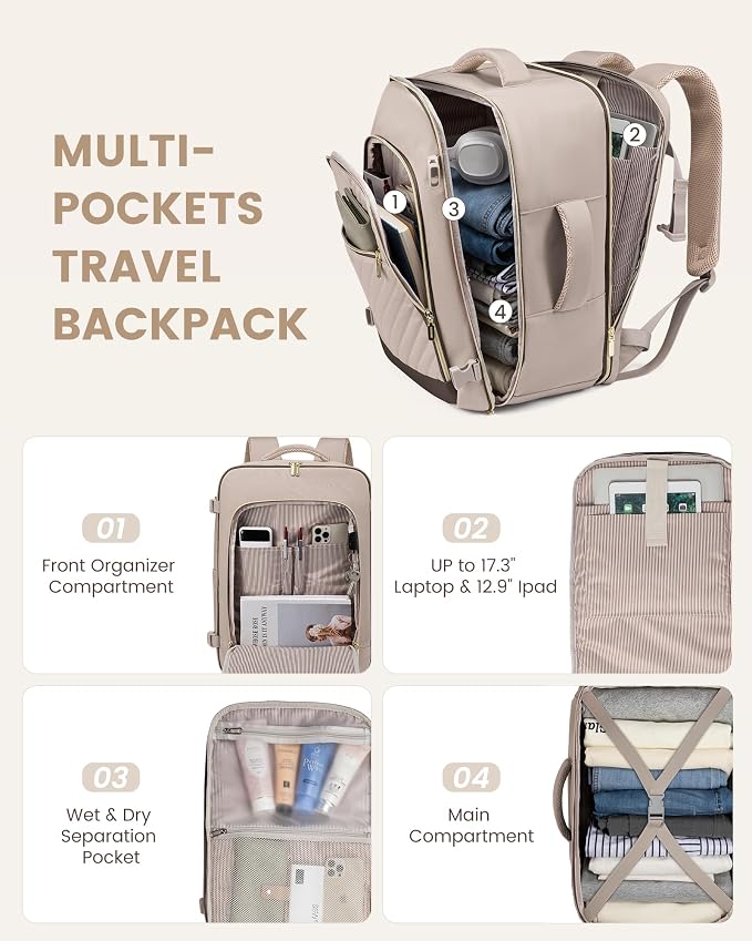 LOVEVOOK Travel Backpack For Women,40L Carry On Backpack Flight Approved,TSA Personal Item Travel Bag Fits 17 Inch Laptop,Business Weekender Overnight Daypack with Toiletry Bag and 2 Packing Cubes - Image 4
