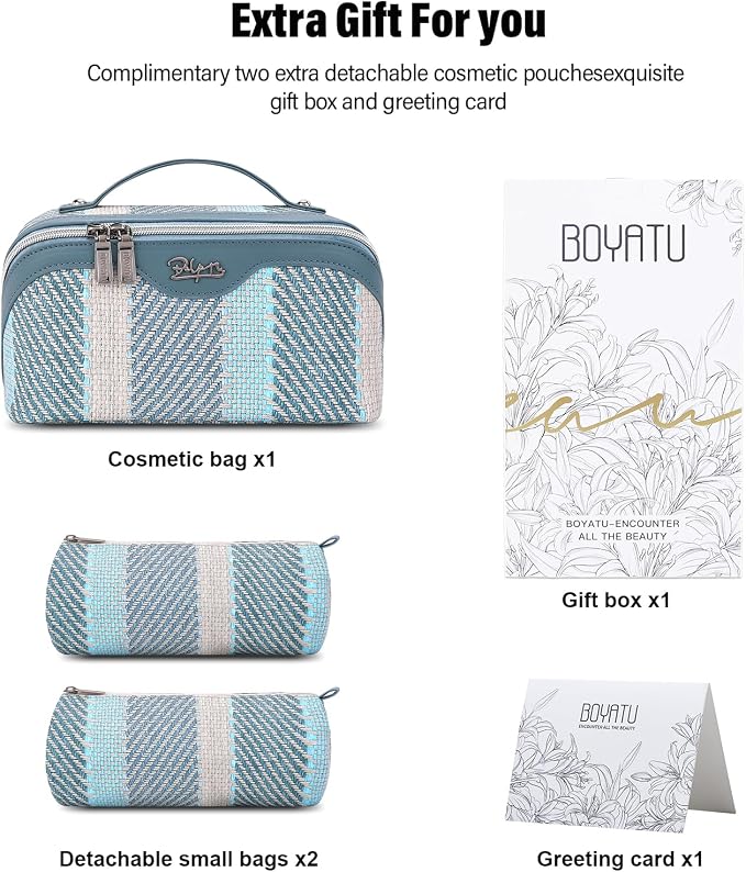 BOYATU Travel Makeup Bag Cosmetic Bag for Women: 3 Pcs Set Make up Bag with Compartments - Waterproof Vegan Leather Toiletry Bags with Handle - Makeup Organizer for Travel Essentials(C-1-Blue) - Image 6