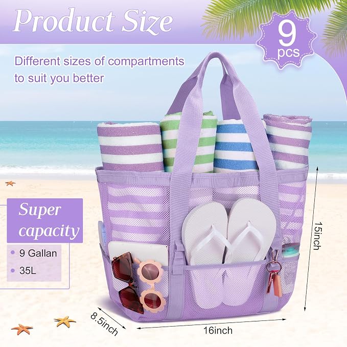 Hillban Large Beach Mesh Bags Bulk for Women Beach Tote Bag with 8 Pocket Zipper Waterproof Sandproof for Pool Cruise Ship - Image 2