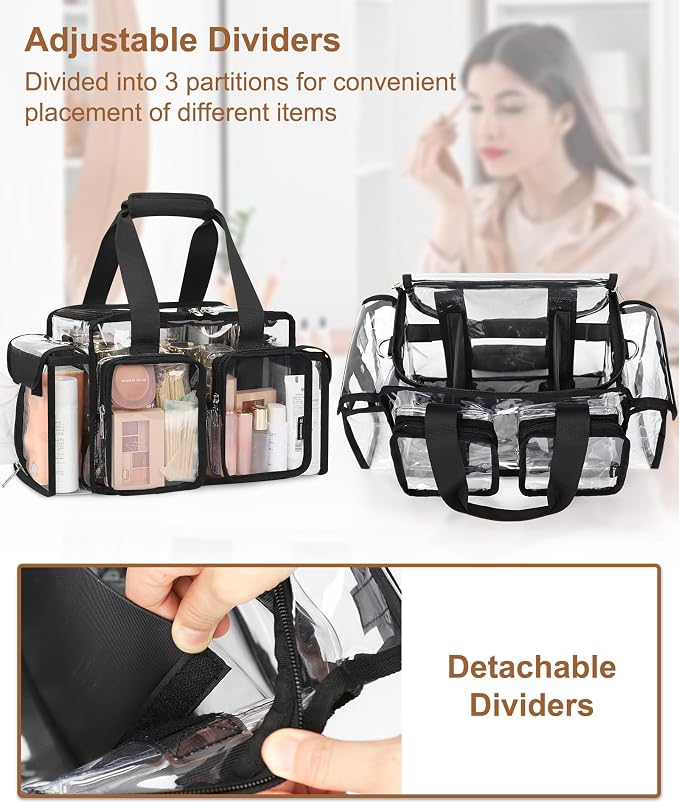 Relavel Clear Makeup Bag with 2 Small Pouches Professional Makeup Artist Kit Set Travel Cosmetic Organizer Case Transparent Stadium Approved Tote Bag Toiletry Lunch Duffle Work Shoulder Bag, Black - Image 3