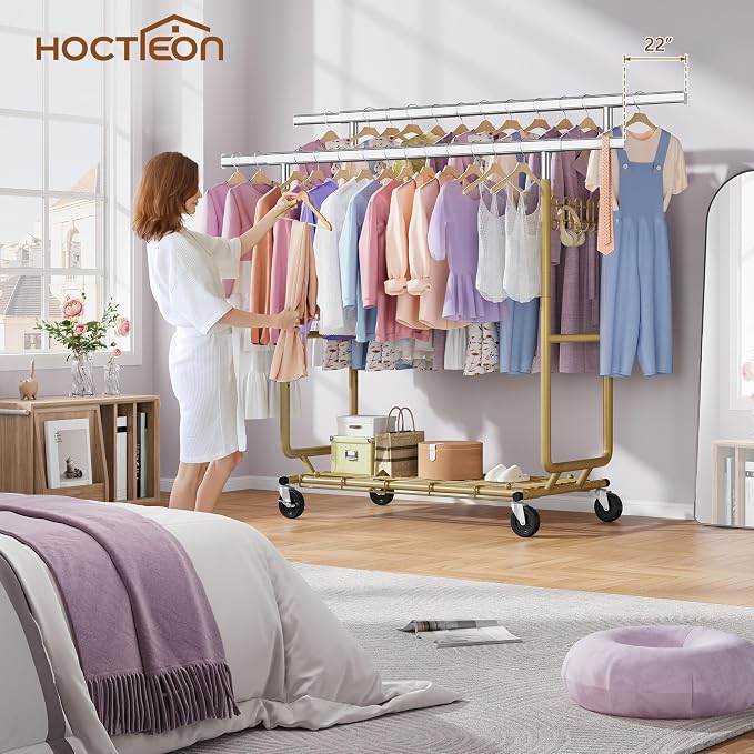 Hoctieon 2-Minute Assembly Double Rod Clothes Rack, Heavy Duty Rolling Clothing Racks with Wheels, Foldable Commercial Garment Rack, Extendable Hanging Bar, Adjustable Metal Pole with Hooks, Gold - Image 7