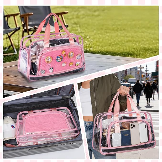 Clear Duffle Bag for Women with Anime Pins Display & Shoe Compartment, Waterproof and Convertible Crossbody for Anime Conventions, Stadium Events, Yoga, Travel & Gym (pink) - Image 6