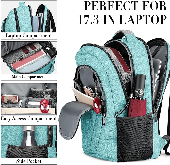 BIKROD Teal Backpack for Women and Men, Extra Large School Backpacks for Teens, Water Resistant Back Pack Fits 17 Inch Laptop, Business Anti Theft Sturdy Computer Bag Gifts - Image 2