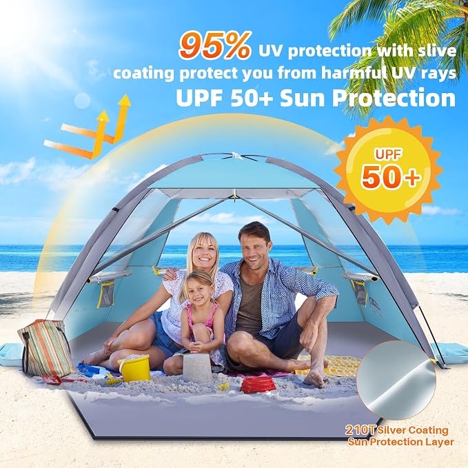 Happy Travel Beach Tent, UPF 50+ UV Protection Sun Shade Shelter for 3/4/5/6/7/8 Person, Portable Beach Canopy for Family & Baby, Lightweight & Easy Setup Beach Cabana with 3 Ventilation Mesh Windows - Image 3