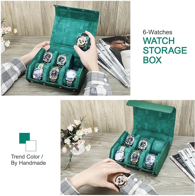 Hiram Genuine Leather Hexagon Watch Roll Travel Case, Leather 6-Watches Roll Case with Removable Pillow Cushion for Treasured Watches and Bracelets -Green - Image 5
