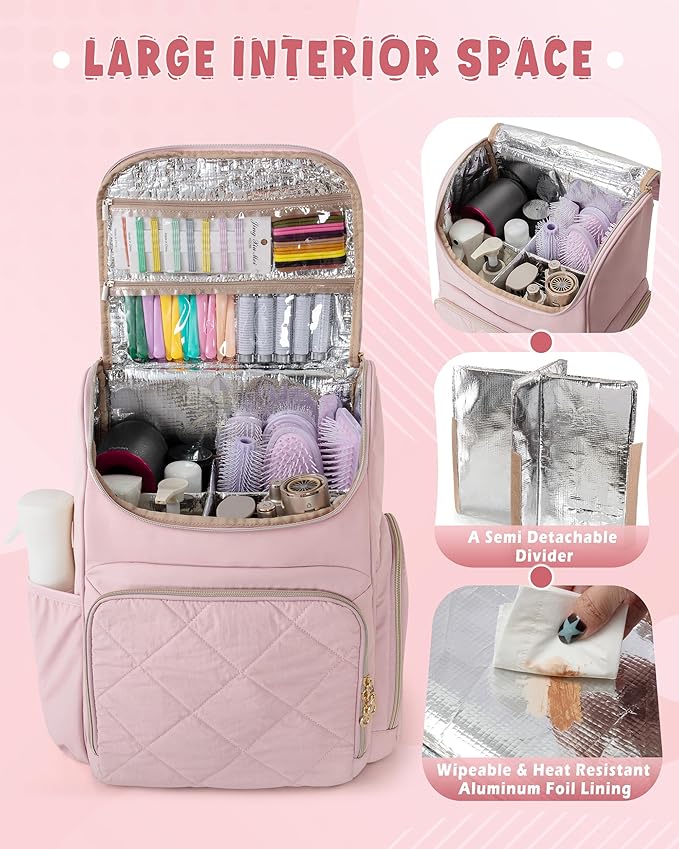 Marscamd Insulated Hairstylist Travel Bag Backpack with Detachable Dividers and Multiple Pockets, Quilted Hair Tool Travel Bag with Multiple Pockets for Hairstylist and Barber, Pink - Image 2