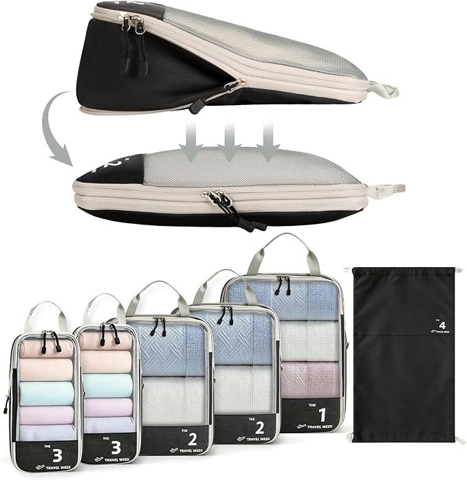 AiQInu Packing Cubes Compression, Pack of 6 Packing Bags, Compression Suitcase Organiser Set with Laundry Bag and Drawstring Bag, Expandable, Travel Pack Organiser for Hand Luggage by AiQInu