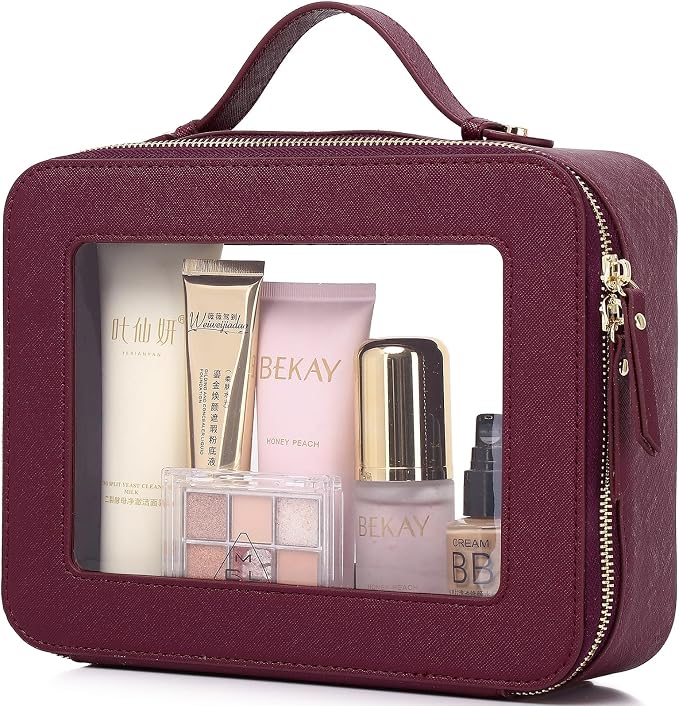 Pinkmik Clear Makeup Bag Waterproof Travel Case for Cosmetics and Toiletries Women's Makeup Organizer and Car Bag with Zipper (X/Burgundy, L) by Pinkmik