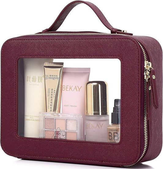 Pinkmik Clear Makeup Bag Waterproof Travel Case for Cosmetics and Toiletries Women's Makeup Organizer and Car Bag with Zipper (X/Burgundy, L) by Pinkmik