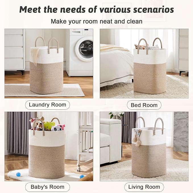 Laundry Basket,Woven Cotton Rope Laundry Hamper,Versatile Storage for Dirty Clothes,Baby Toys,and Blankets in Bathroom, Nursery,and Living Room (Brown, 60L) - Image 5