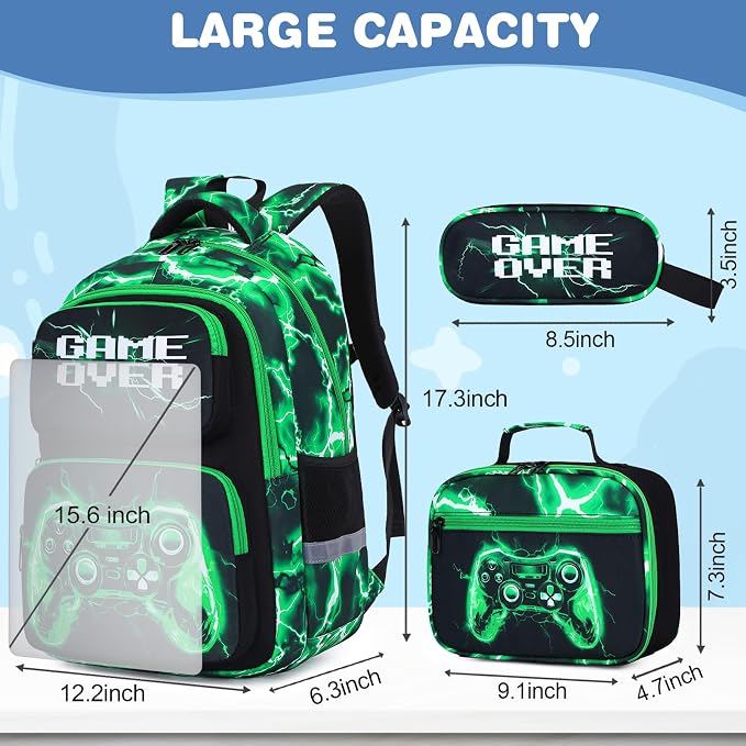 Bevalsa Backpack for Boys, School Bags for Kids, Bookbag for Boys Children Teens Backpacks for Elementary Middle High School Student, Bookbag Set with Lunch Bag & Pencil Case (Green Lightning) - Image 2