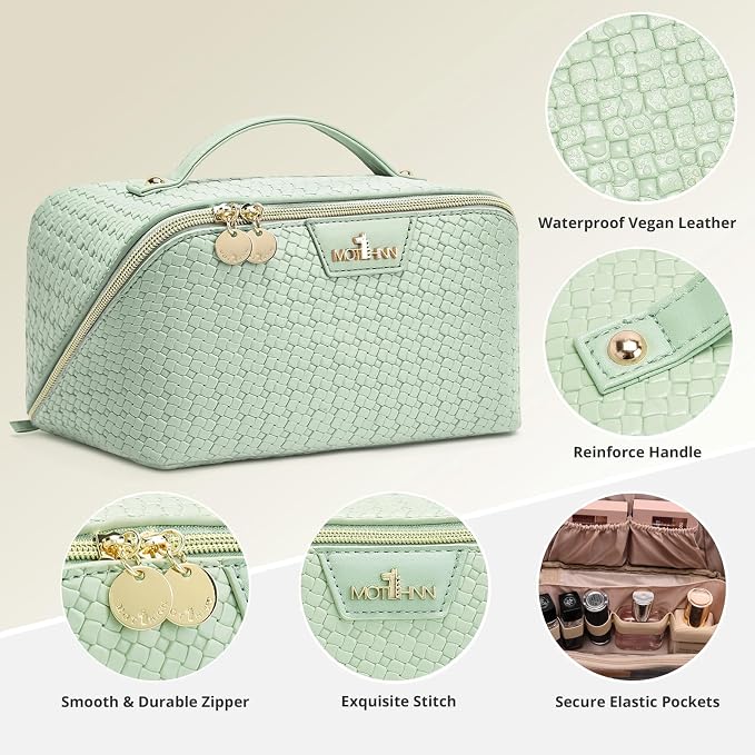 Travel Makeup Bag for Women: Designer 3 Pcs Set Cosmetic Bags for Women - Large Capacity Vagen Leather Hand-made for Toiletry Organizer - Ladies Travel Flat Open Essentials for Luxury (08Green) - Image 4