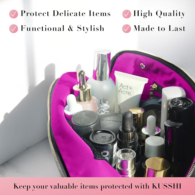 KUSSHI Washable Travel Makeup & Cosmetic Bag - Brush Organizer Sold Separately (Vacationer, Satin Black/Pink) - Image 4