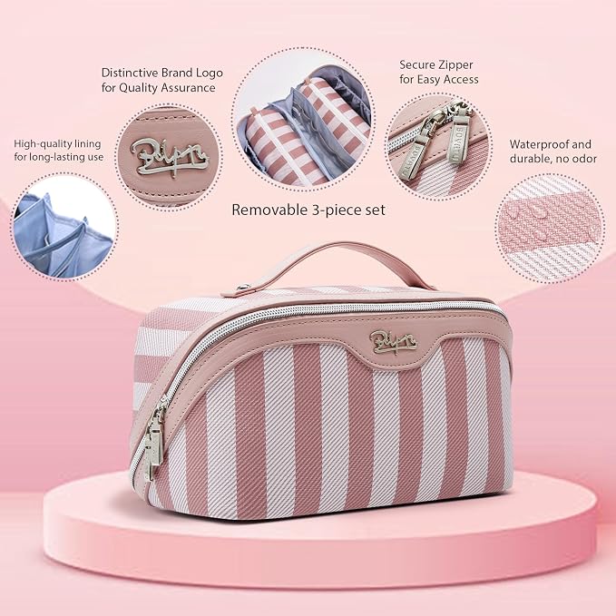 BOYATU Travel Makeup Bag Cosmetic Bag for Women: 3 Pcs Set Striped Make up Bag with Compartments - Waterproof Vegan Leather Toiletry Bags with Handle - Makeup Organizer for Travel Essentials(A-3-Pink) - Image 3