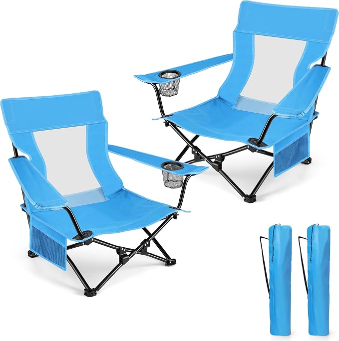 HaSteeL Folding Beach Chair Set of 2, Foldable Blue Camping Chairs for Outside, Low Beach Chair Portable for Adults Fishing, Picnic, Outdoor BBQ, Travel, Sports, Cup Holder & Storage Bag by HaSteeL