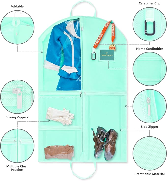 Waterproof Hanging Garment Bag 40 inch Clothes Bag with Gusset, 5 Pockets & Side Zip for Dance Costumes, Sports, Skating, Theatre, Beauty Pageants, Cheer & More by Kendall Country, Sea Foam Green - Image 3
