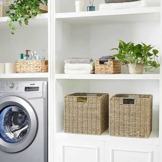 Vagusicc Wicker Storage Basket, Set of 2 Seagrass Storage Baskets, 13 Inch Foldable Wicker Basket Square Cube Storage Bins Storage Baskets for Organizing Shelf Baskets, 13''x13''x13'' - Image 7