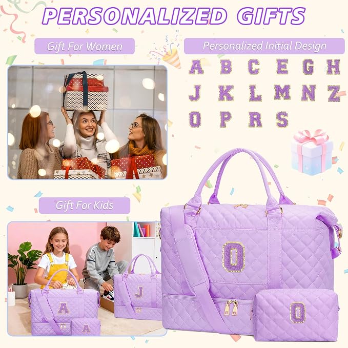 Gifts for Women Initial Travel Duffle Bag Quilted Weekender Bags Carry-On Overnight with Cosmetic Bag, Gym Bag with Shoe Compartment Hospital Bag for Women Labor Delivery, Purple-O - Image 2