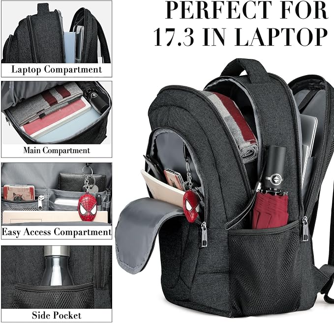 BIKROD Travel Laptop Backpack, 17 Inch Extra Large School Backpacks for Teen Boys and Girls, Black Water Resistant Women Back Pack, Business Men Sturdy Computer Bag - Image 2