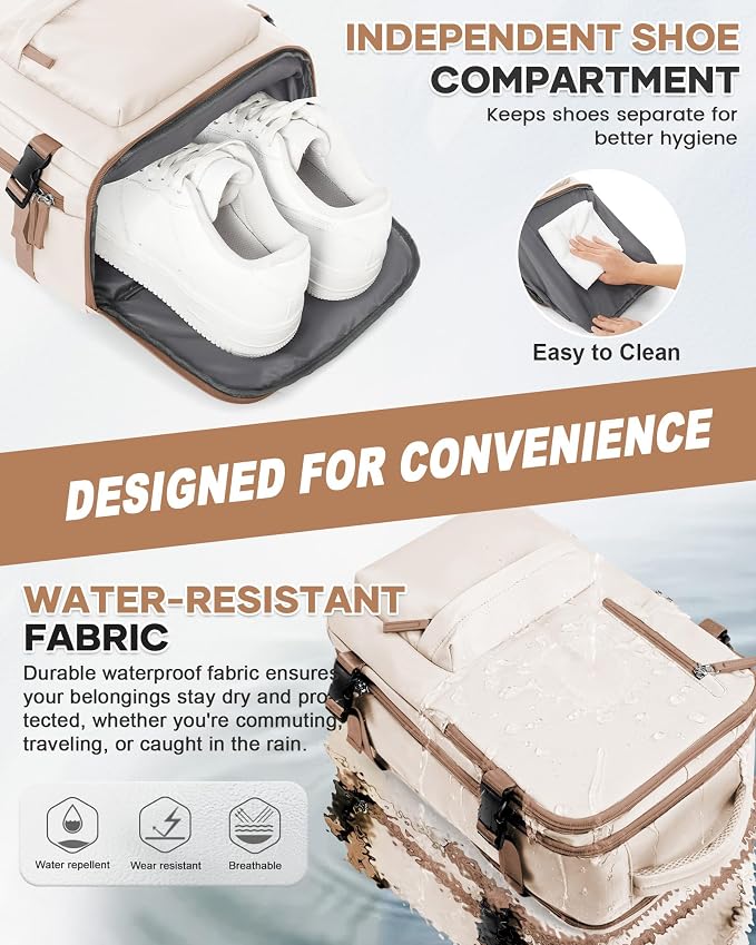 WONHOX Travel Backpack Women, Carry On Backpack for Men, Hiking Laptop Backpack Waterproof Outdoor Sports Rucksack Casual Daypack, Beige Brown - Image 3