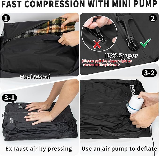 Eulant Travel Vacuum Bags with Pump,Professional IPX8 Waterproof Vacuum Compression Bag for Carry-On Suitcase & Travel Backpack,Space Saver Bags Packing Organizers(3 Pack,Black) - Image 8