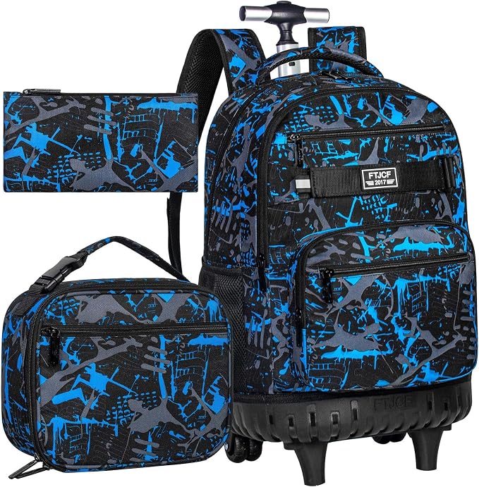 3Pcs Rolling Backpack for Boys, Men Roller Bag with Wheels for Adults, 19 Inche Graffiti Wheeled Bookbag with Lunch Box(Blue) by FTJCF