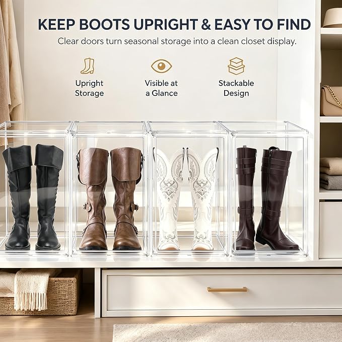 23.6'' Tall Boot & Shoe Boxes, Clear Dustproof Acrylic Display Case | 13.8'' x 12.2'' x 23.6'' tall display case for boots, upright handbags, dolls, figures and display storage,1 Pack - Image 3
