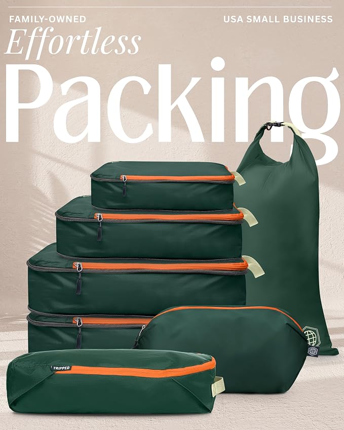 Large Compression Packing Cubes for Travel-Packing Cube Luggage Organizers 7 Piece Set for Checked Luggage-Ultralight, Expandable/Compression Bags by TRIPPED Travel Gear (Green/Orange) - Image 7