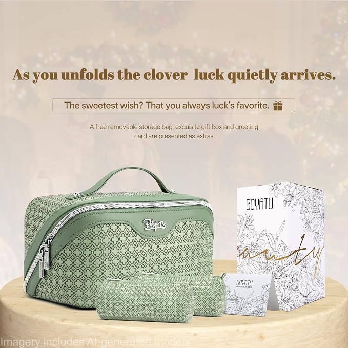 BOYATU Travel Makeup Bag for Women: Four Leaf Clover Large Capacity 3 Pcs Set Cosmetic Bags - Waterproof 50% Extra Space for Toiletry Organizer - Travel Essentials for Fortunate (01 Light Green) - Image 7