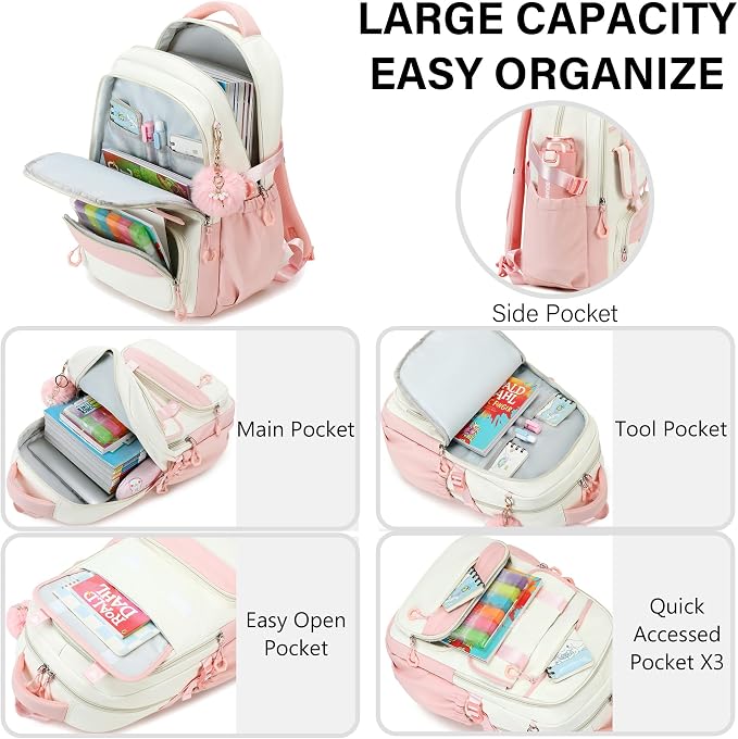 School Backpack for Girls, 3PCS Laptop Backpack 15.6 Inch with Lunch Box Pencil Pouch Set for Kids Teens Elementary Middle High School College Bookbag Student Casual Travel Daypack,Pink Beige - Image 3